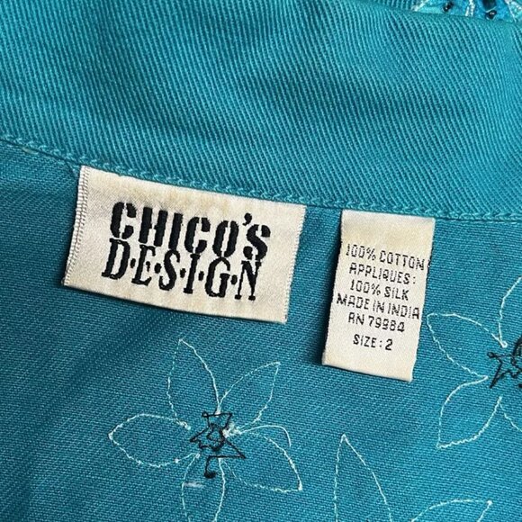 Chico's Design Jacket 2 M Denim Silk Embroidered Floral Hawaiian Parrot Bead VTG - Picture 10 of 11